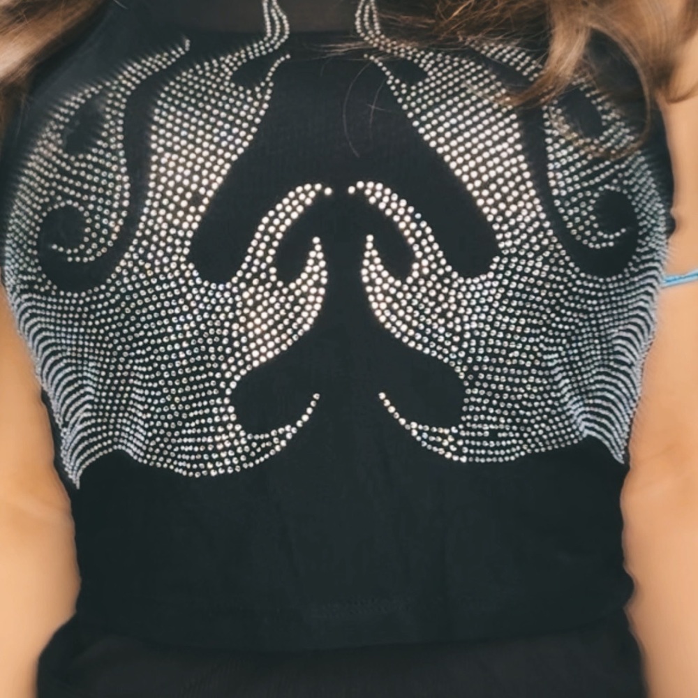 Sheer Black Rhinestone Embellished Halter Top